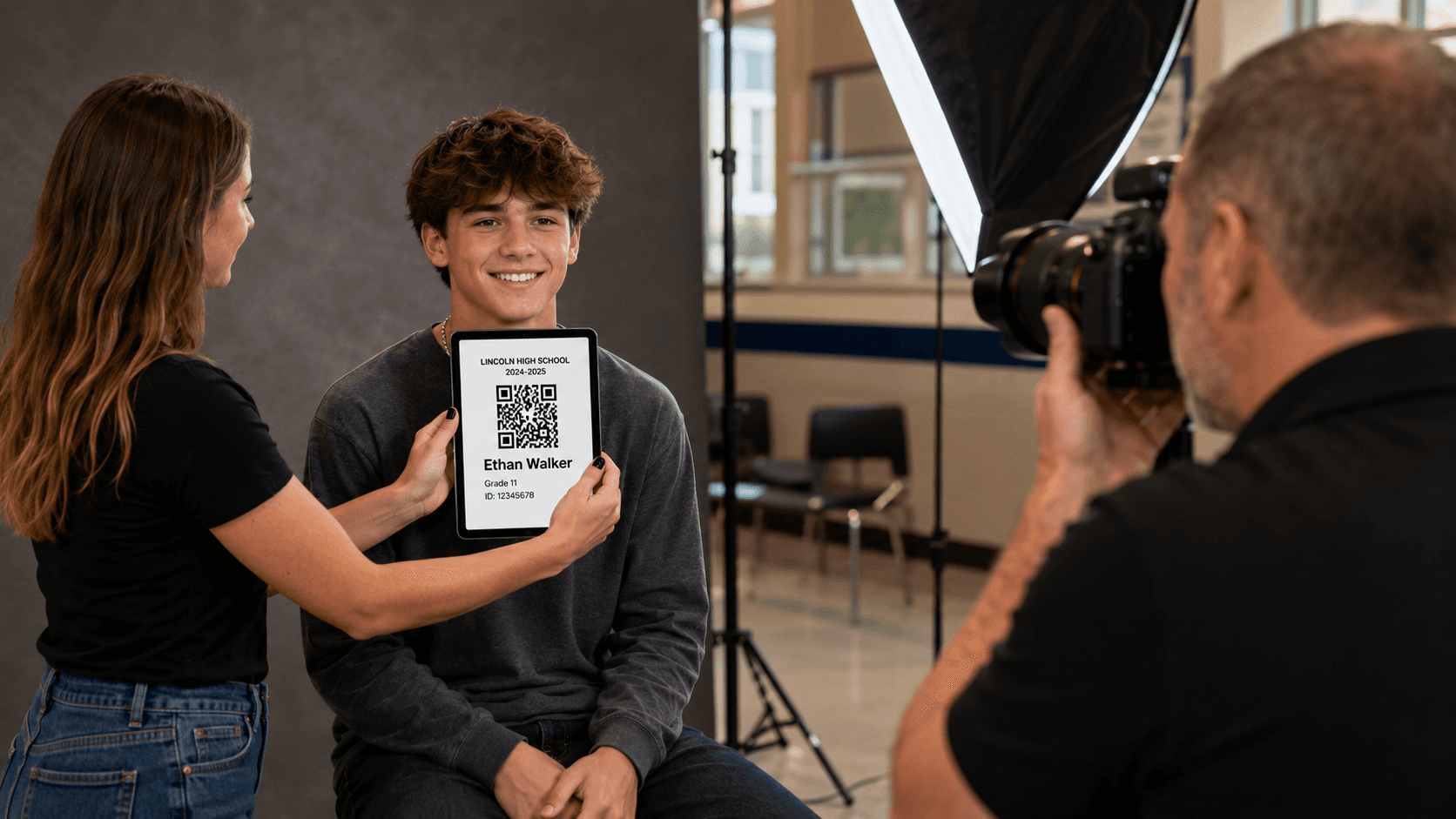 Side view of a school photographer capturing a keyframe image while a photography assistant holds a paperless QR code camera card on an iPad beneath a high school student's chin.