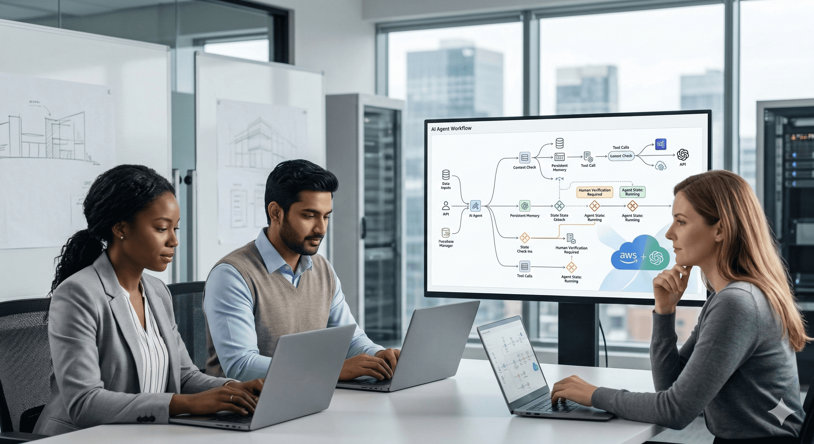 Three individuals are engaged in a meeting in a modern office, using laptops, with a large presentation screen in the background displaying a detailed flowchart on "AI Agent Workflow," featuring concepts related to cloud computing and AI integration.