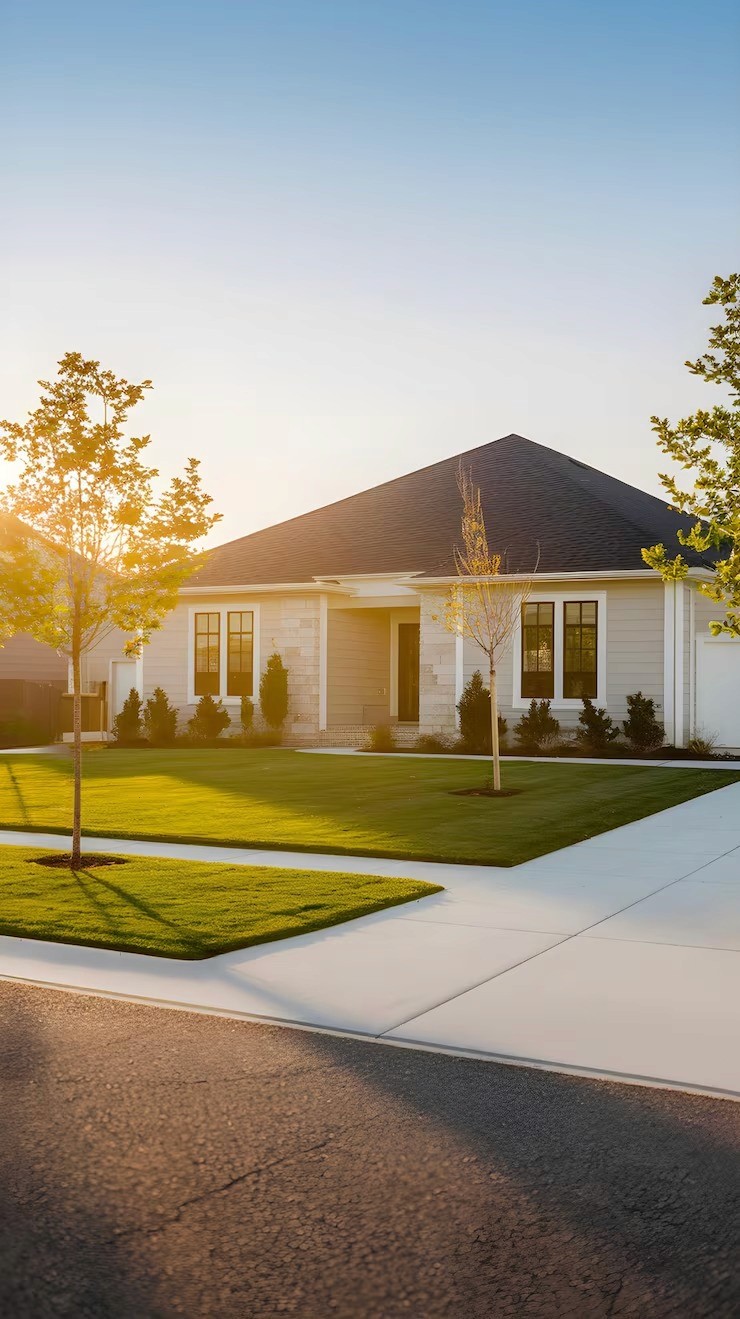A morning view of a home featuring a well-kept lawn and a clear driveway.