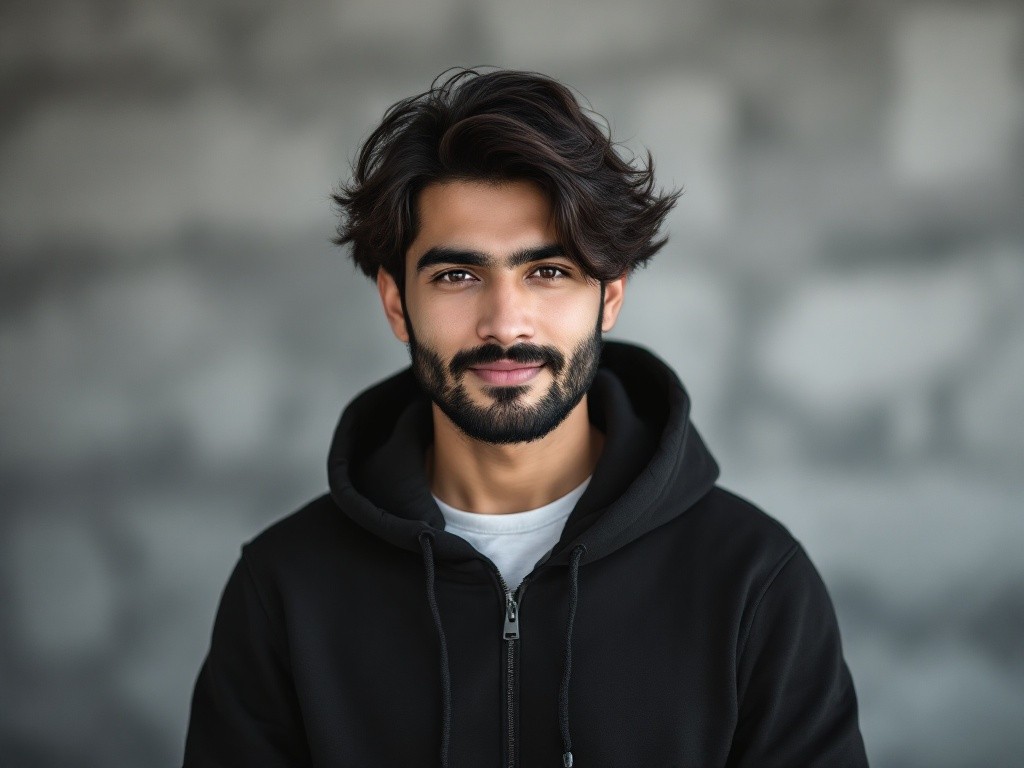 Portrait of a young man with long hair and a beard, wearing a black hoodie.