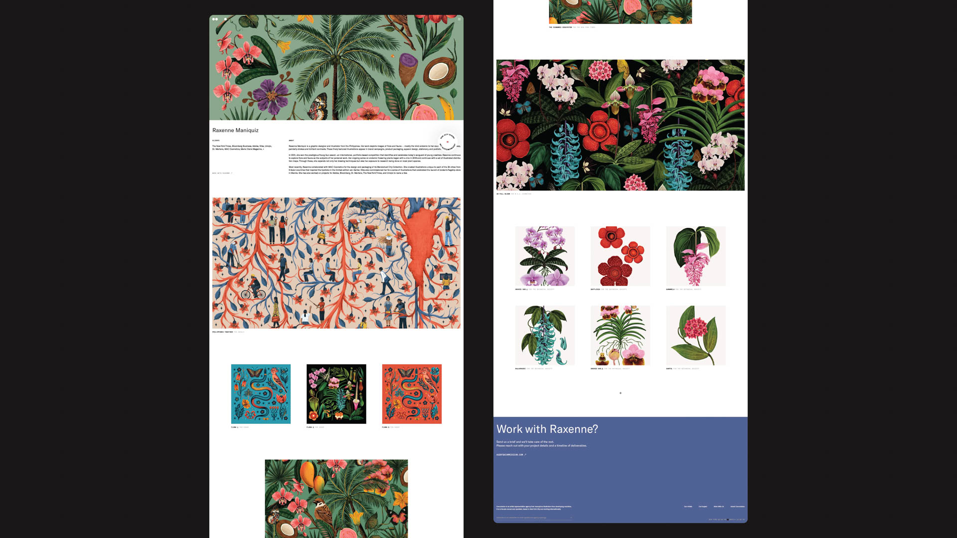 The image shows a website design for Raxenée, featuring two distinct layouts. On the left, a vertical layout showcases a vibrant, colorful pattern with images of flowers, leaves, and abstract shapes in shades of blue, orange, and pink. On the right, a horizontal layout presents a collection of plant images arranged in a grid format, including various flowers and foliage in shades of pink, red, green, and blue. Both layouts include text elements: the left layout contains text at the top, while the right layout includes a prominent blue banner at the bottom with the text "Work with Raxenée?" and additional text below it. The design is presented on a dark background, highlighting the colorful elements and text.