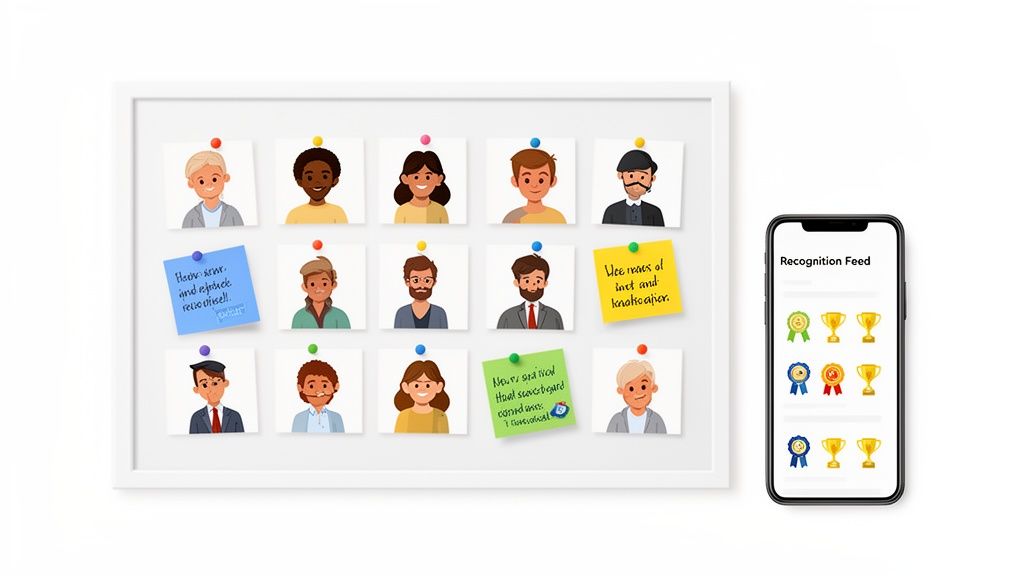 A whiteboard with diverse team member portraits and recognition sticky notes next to a 'Recognition Feed' smartphone app.