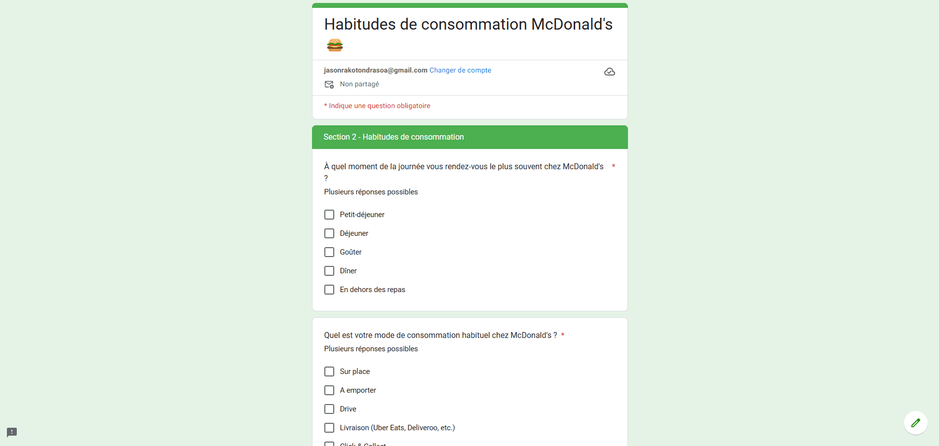 Overview of the questionnaire created on Google Forms to obtain quantitative data.