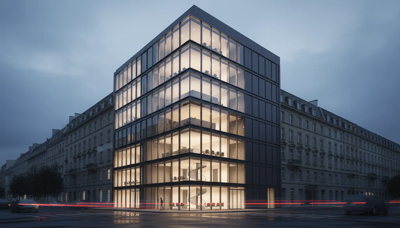 High-end architectural visualization render of a modern glass and dark metal office building on a city corner at dusk. Long exposure DSLR style shot, low angle. The interior is brightly illuminated with warm light, revealing office spaces and staircases through the large windows. The foreground shows a wet asphalt street with cars creating motion blur and red taillight streaks. Dramatic cinematic contrast between the warm interior and the cool, overcast twilight. Surrounding buildings are older, classical European style. Photorealistic, moody urban atmosphere, sharp focus on the building.
