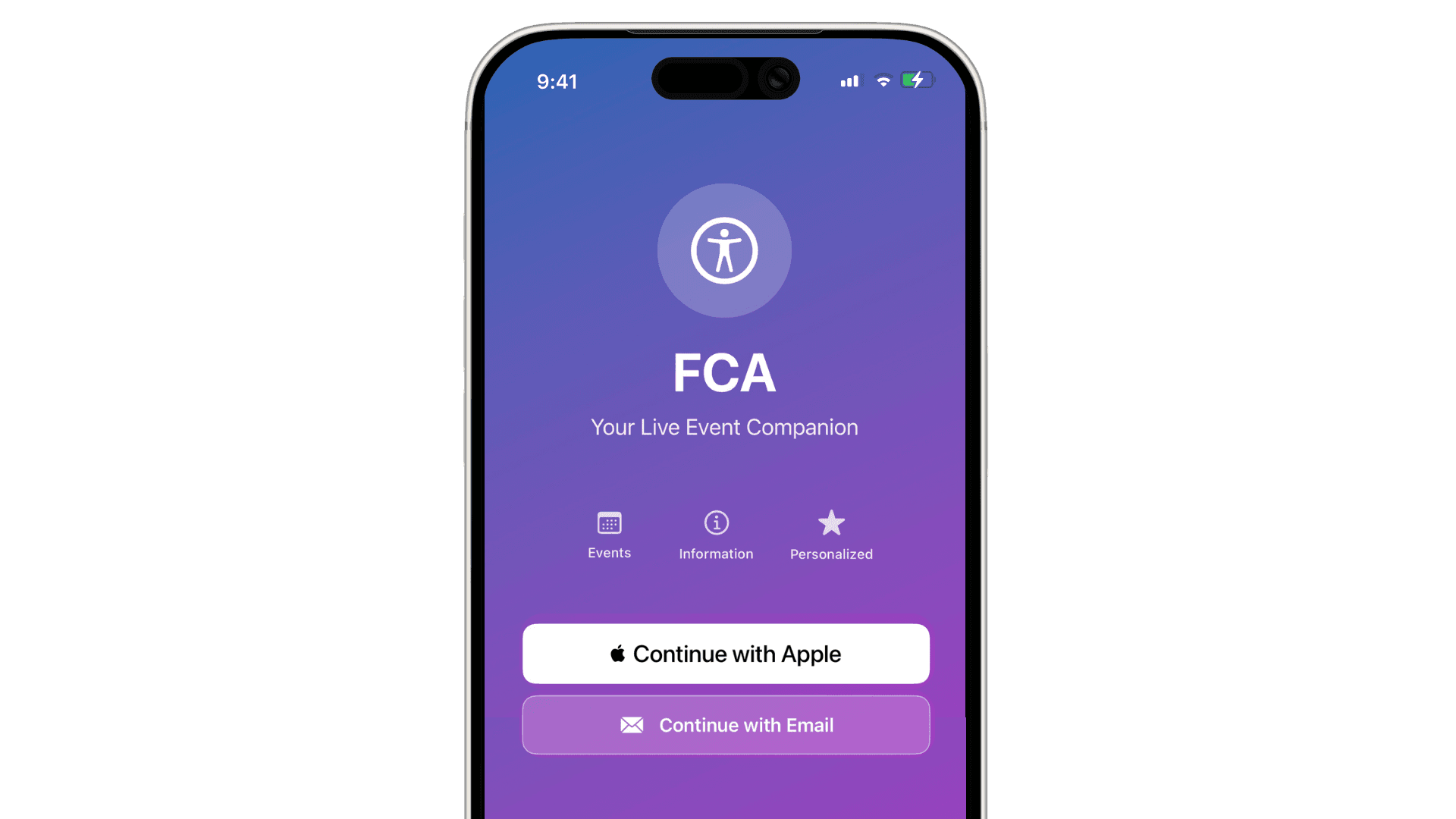 Graphic: FCA app login screen with options to continue with Apple or email.