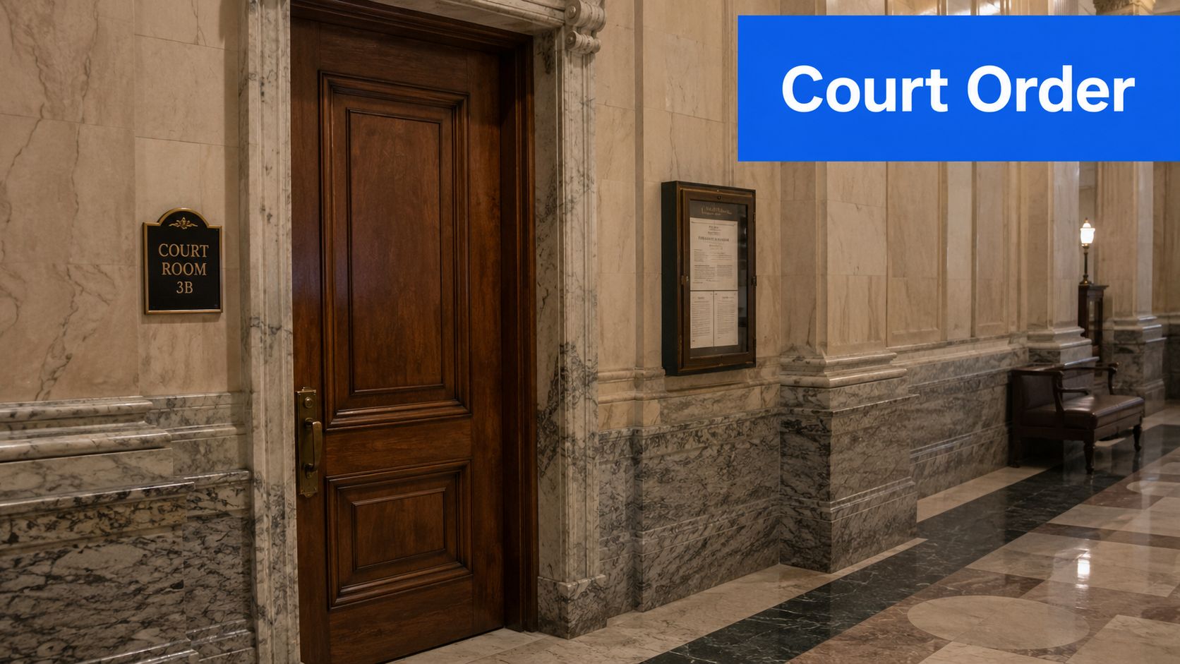 A wooden door to a courtroom in a formal marble hallway in a courthouse.