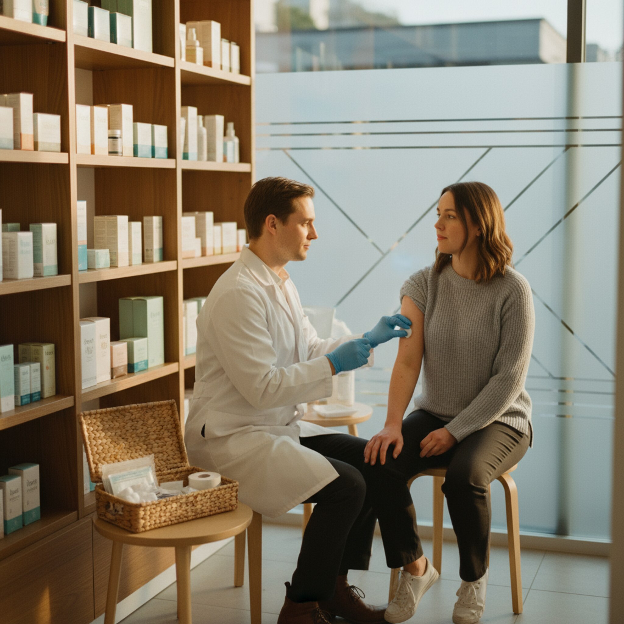 Zwischen Regalen mit Gesundheitsprodukten wurde eine diskrete Ecke mit Paravent eingerichtet. Eine Apothekerin desinfiziert behutsam den Oberarm einer Kundin. Ein kleiner Korb mit Pflastern und Wattetupfern steht offen. Gedämpftes Nachmittagslicht schafft Ruhe. Leise Stimmen füllen den Raum.