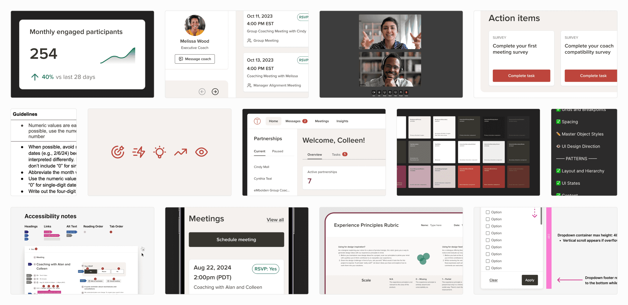 Collage of various Torch design system elements, including product features, individual components, and design process documentation.