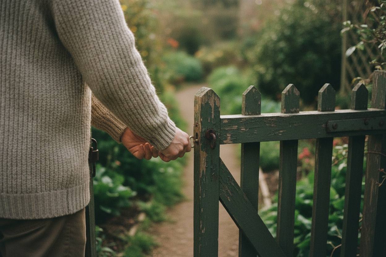 A person’s hands opening a small wooden garden gate.