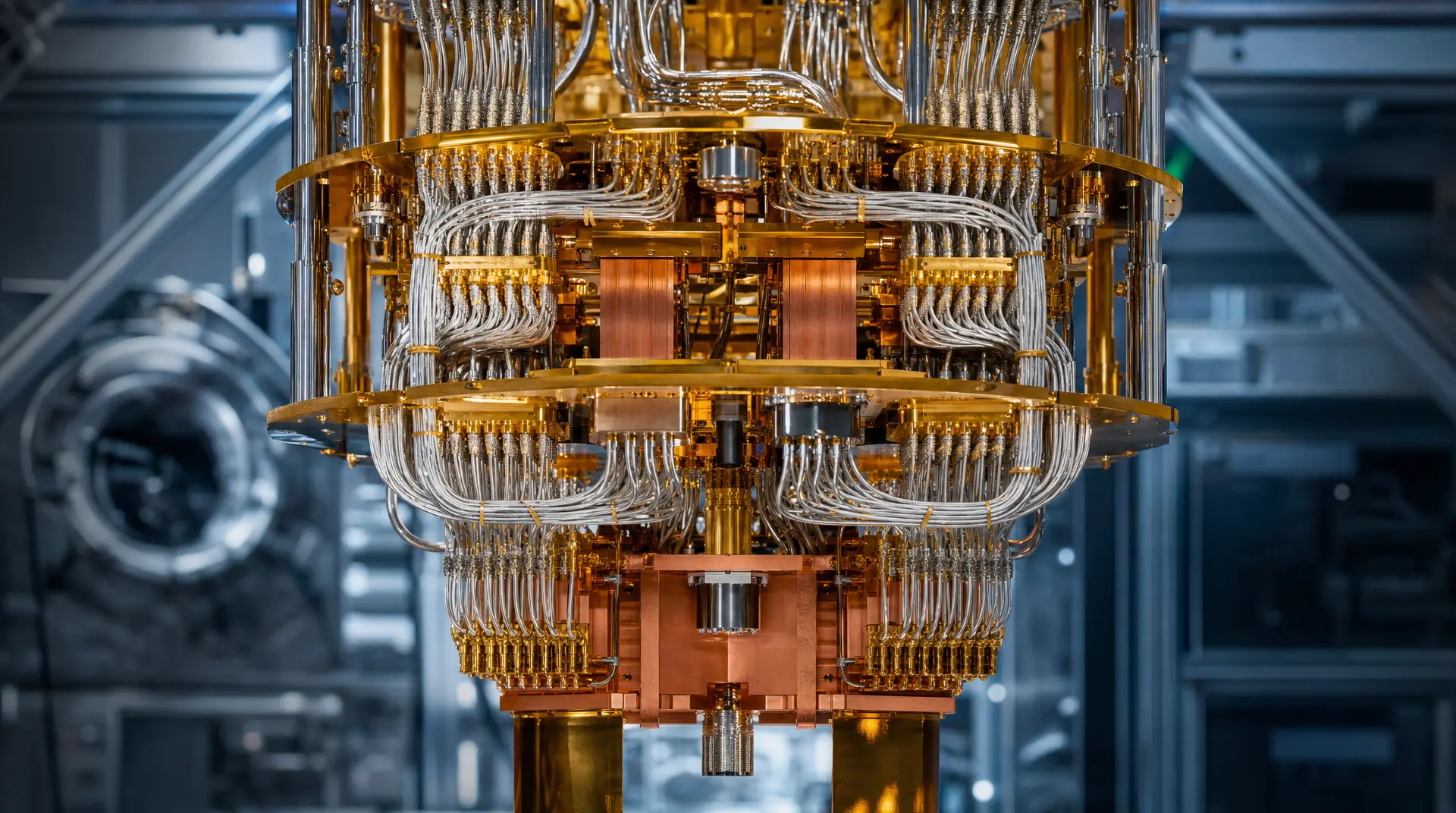 Golden and silver lab hardware with dense tubing and circuitry, framed to support semiconductor marketing messaging.