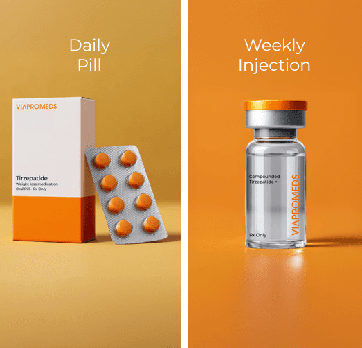 Tirzepatide treatment options showing daily pill and weekly injection