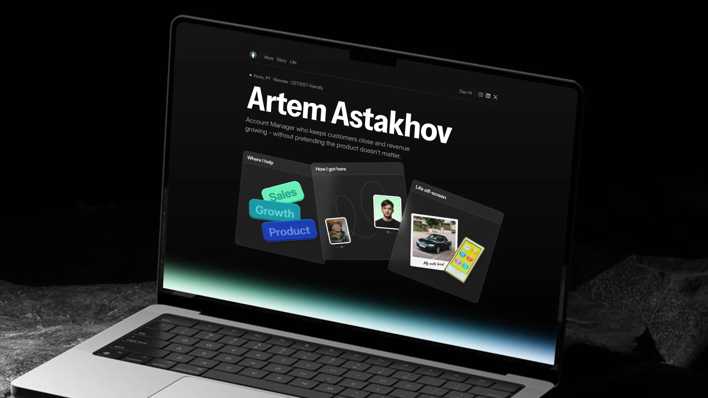 Artem Astakhov's personal site on a laptop, headlined with his name above cards labelled Sales, Growth and Product