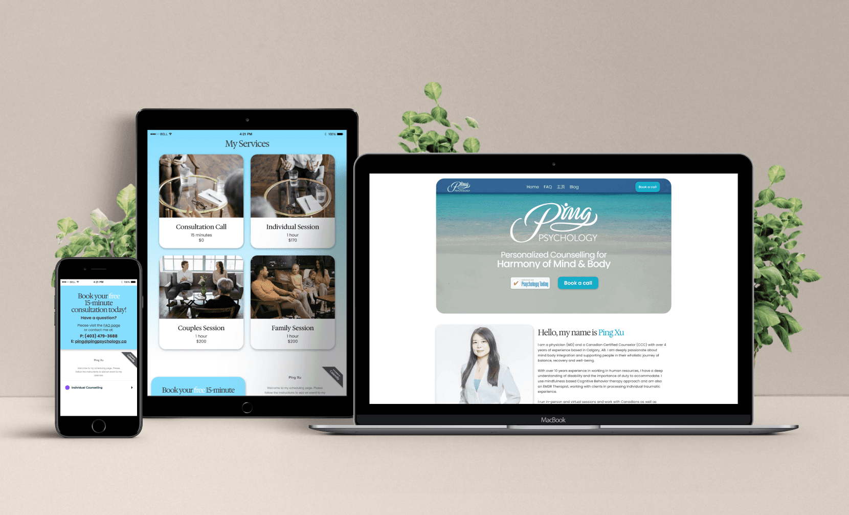 website mockup shown on Mac, IPad and IPhone on top of light surface