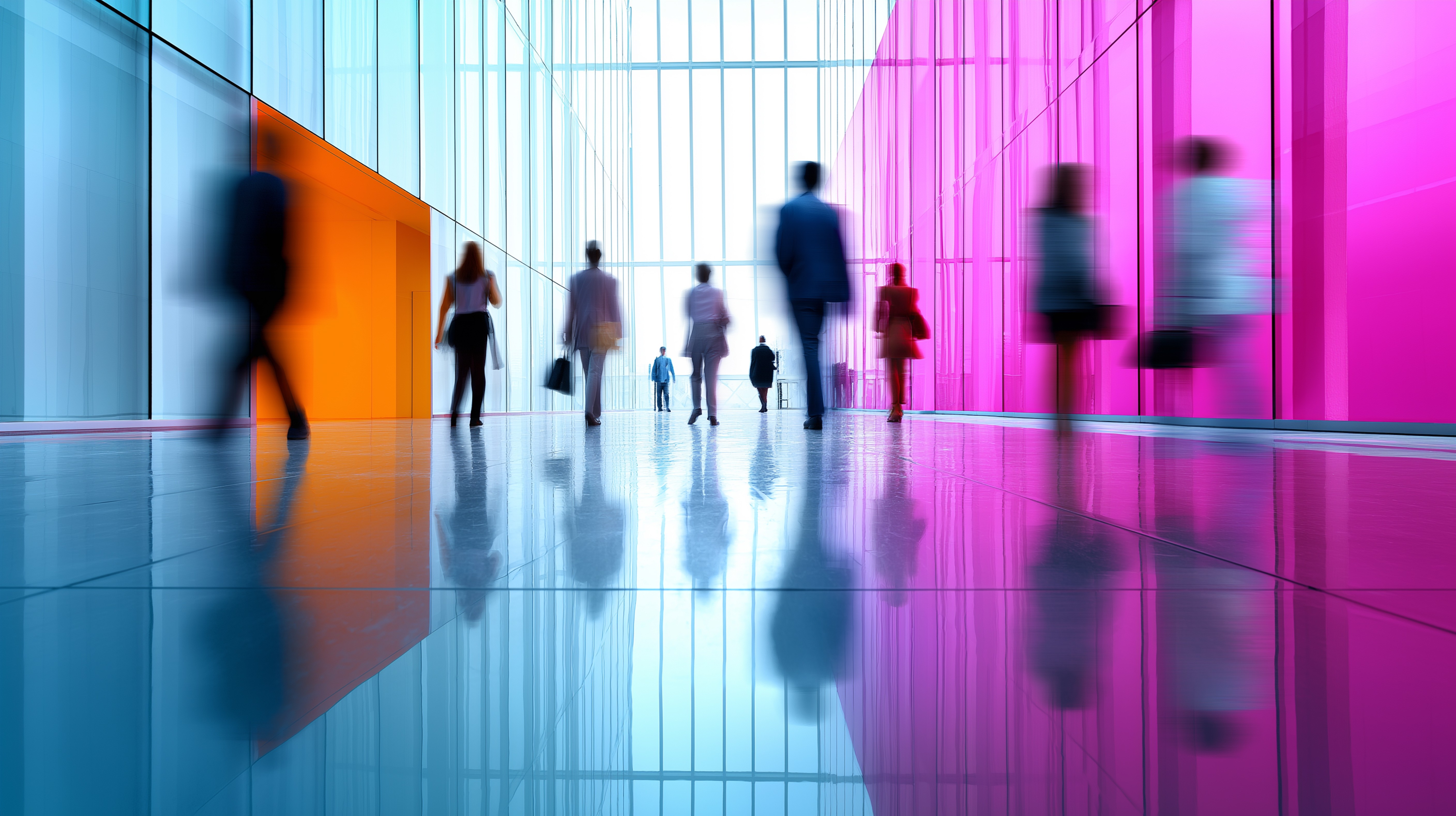 Moderner Glaskorridor mit blauen, orangen und magentafarbenen Flächen, mit gezielter Bewegungsunschärfe dargestellt, als Symbol für Beratung über mehrere Fähigkeitsbereiche und vernetzte organisatorische Perspektiven.