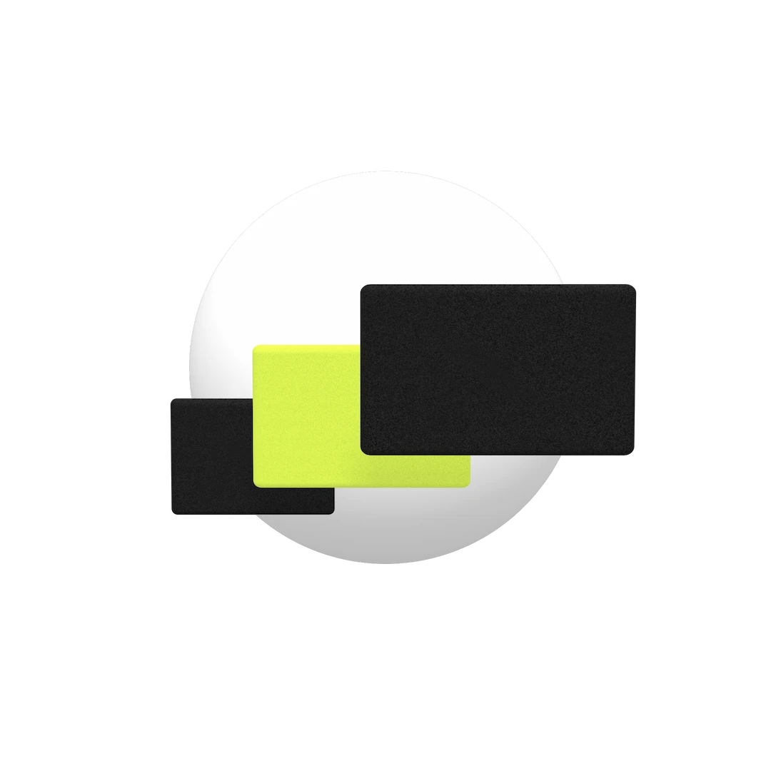 Abstract design featuring a white circular background with overlapping black and neon yellow rectangles.