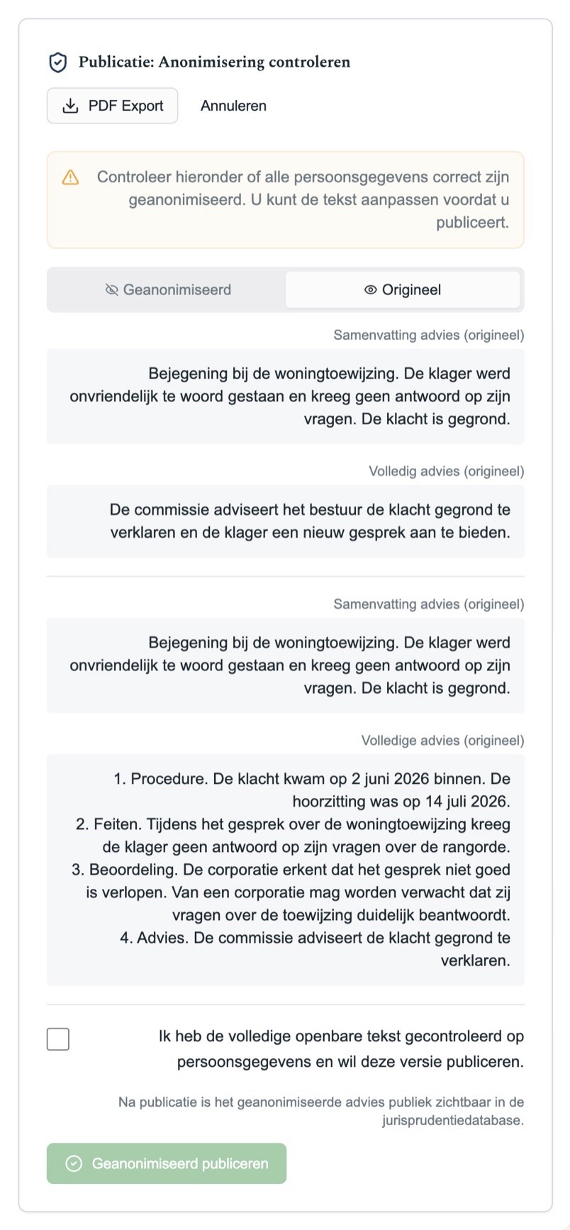 Hetzelfde venster op het tabblad Origineel, met de oorspronkelijke samenvatting en het oorspronkelijke advies ter vergelijking.