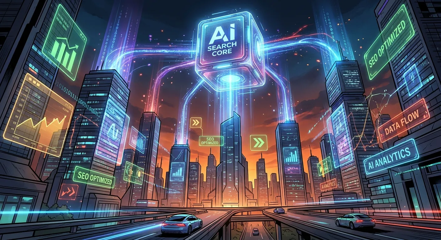 Futuristic cityscape with AI and SEO graphics by RockN' Socials Digital Marketing Agency.