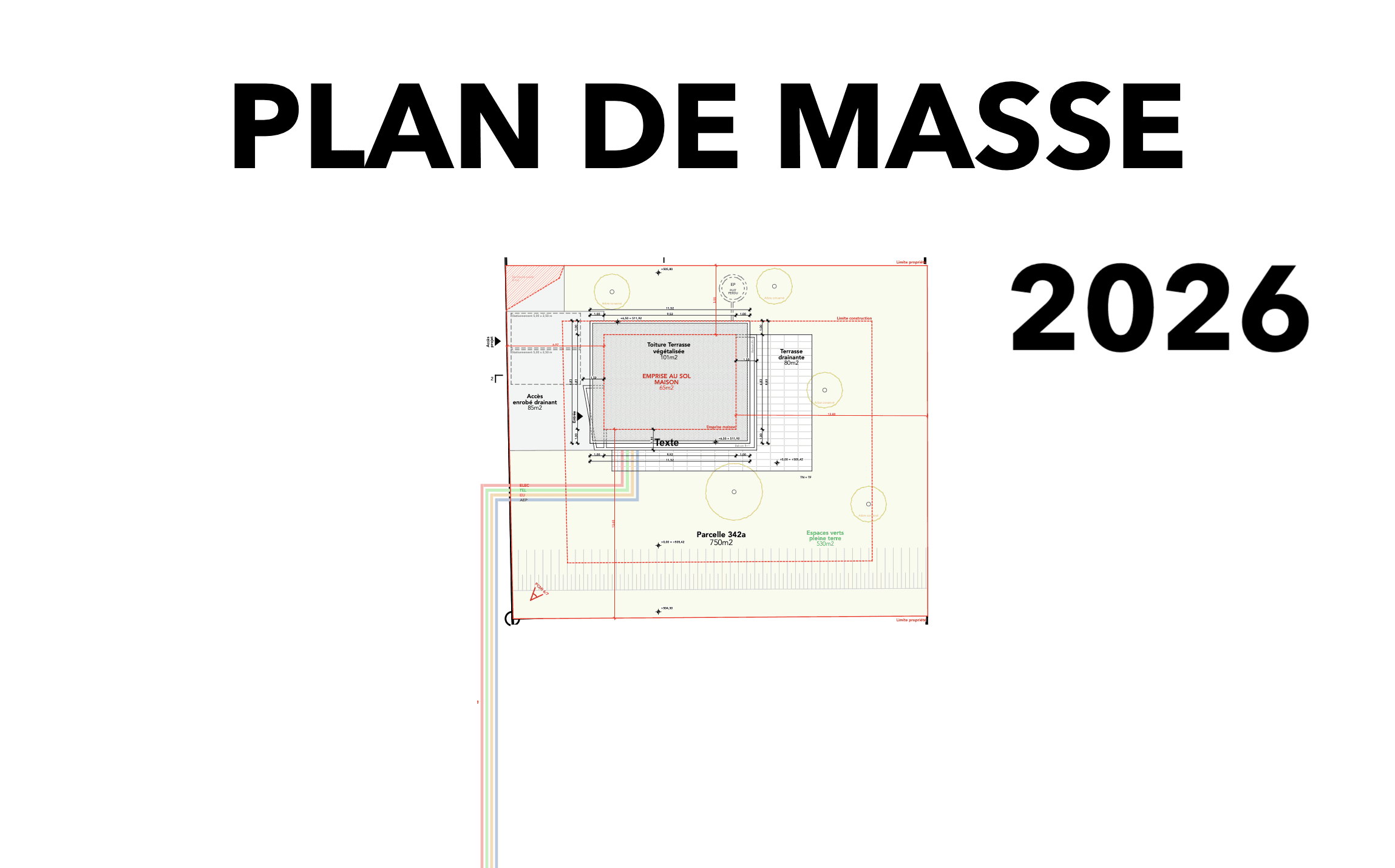 Exemple concret de plan de masse en Haute-Savoie, pour un projet de construction de maison individuelle en 2026, montrant l'emprise au sol, les limites de propriété, les réseaux et les aménagements extérieurs.