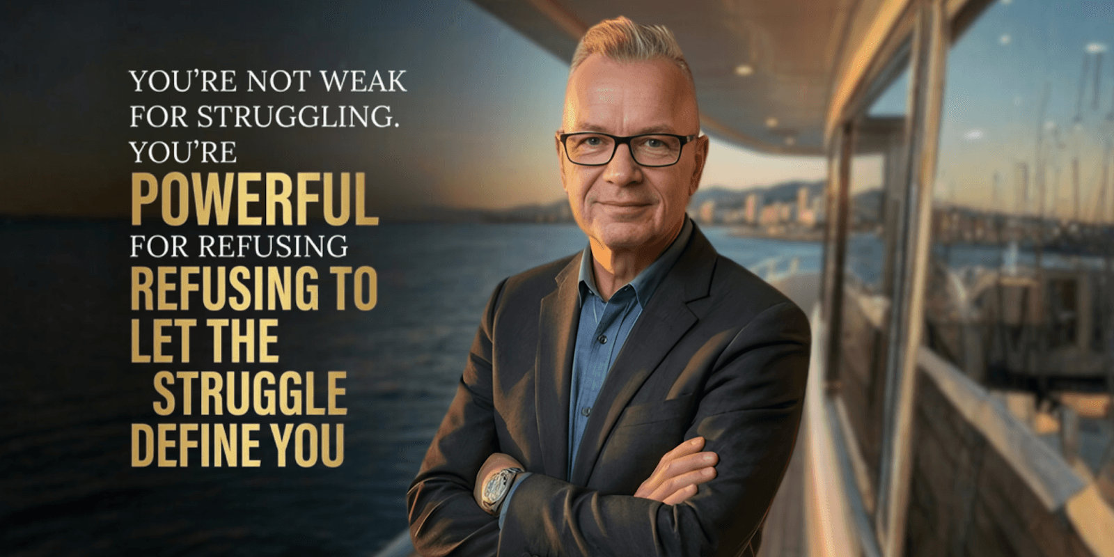 Alan Bates, with the quote "You're not weak for struggling. You're powerful for refusing to let the struggle define you."