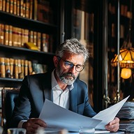 The lawyer works intently on legal documents at a desk, with bookshelves and files in the background.