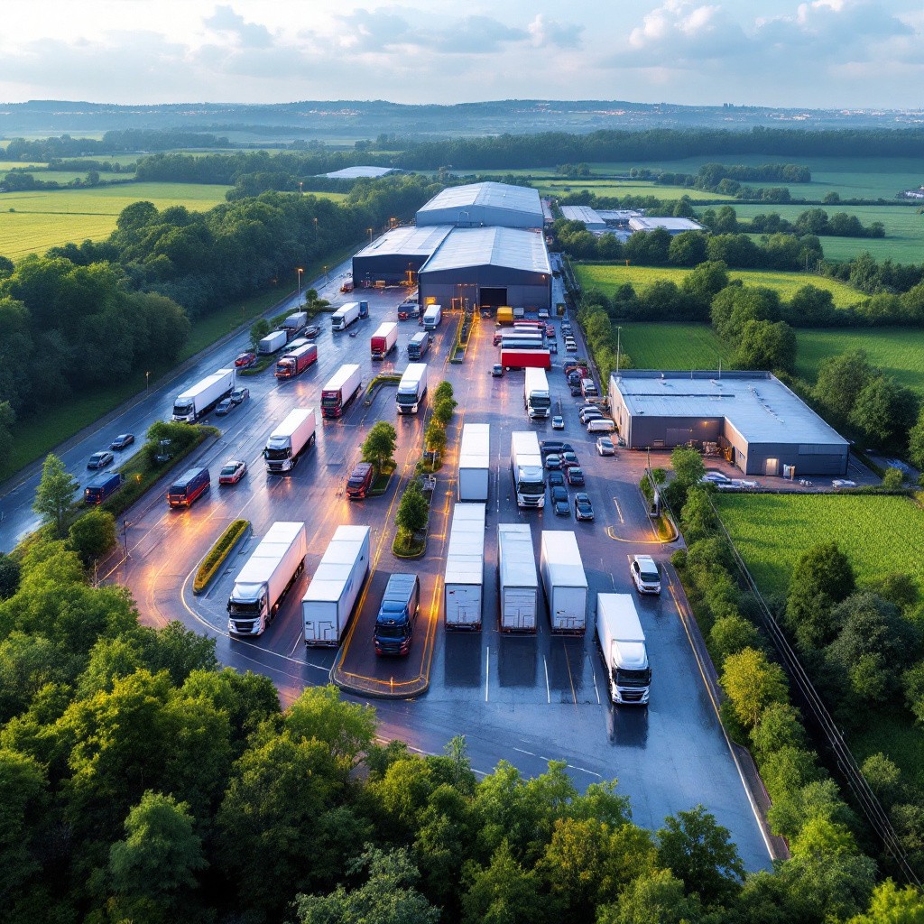 An electric truck at a UK logistics hub, representing the sector's growth in 2023 and its shift toward decarbonization with a 1.4% reduction in transport emissions.