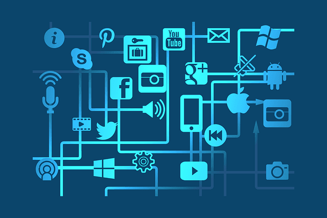 Social media icons connected with light blue lines on a dark blue background