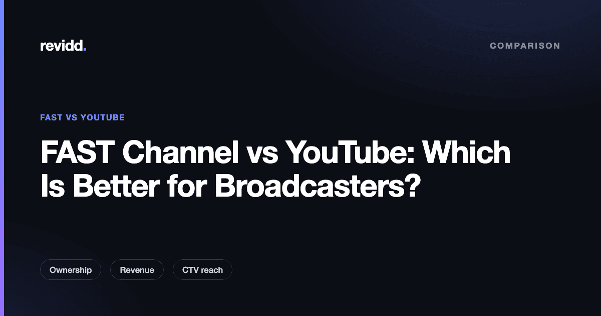 Comparison graphic showing a branded FAST channel on a connected TV next to the YouTube interface, framed as FAST channel vs YouTube for broadcasters