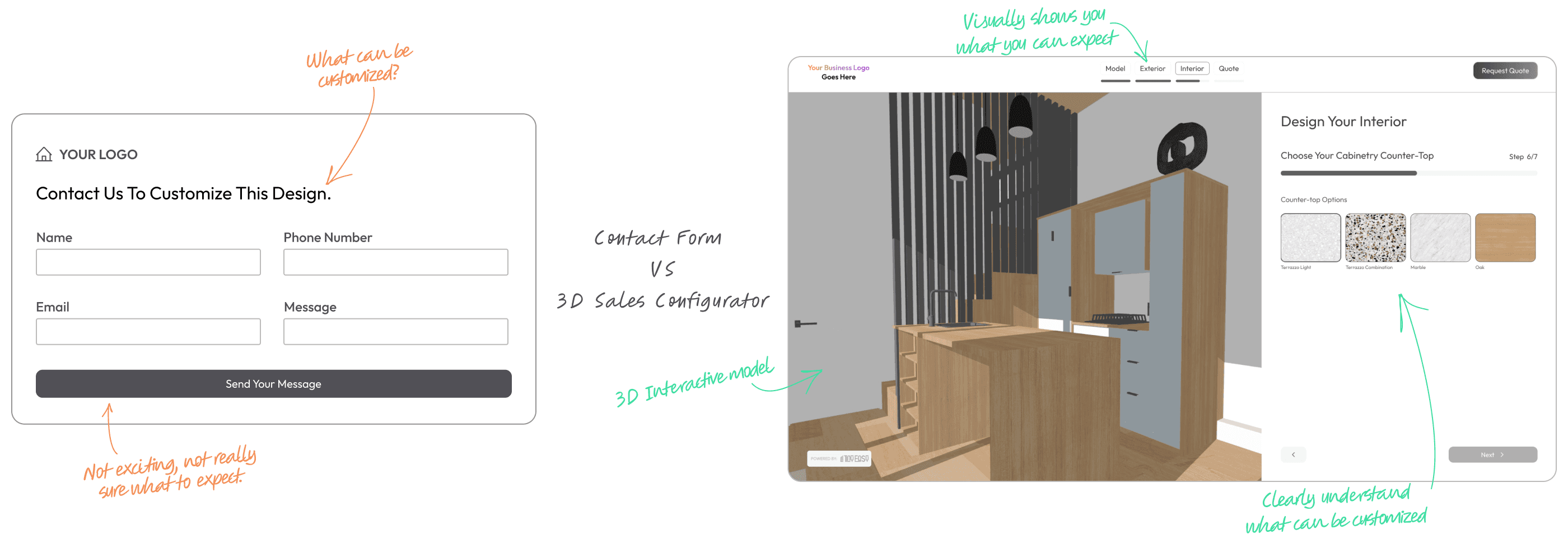 An image comparing a contact us area of a website and how it's not engaging or exciting and doesn't prepare you for what you can expect vs. a configurator which can clearly show you immediately what you can expect and clearly shows what can be customized in a 3D sales configurator.