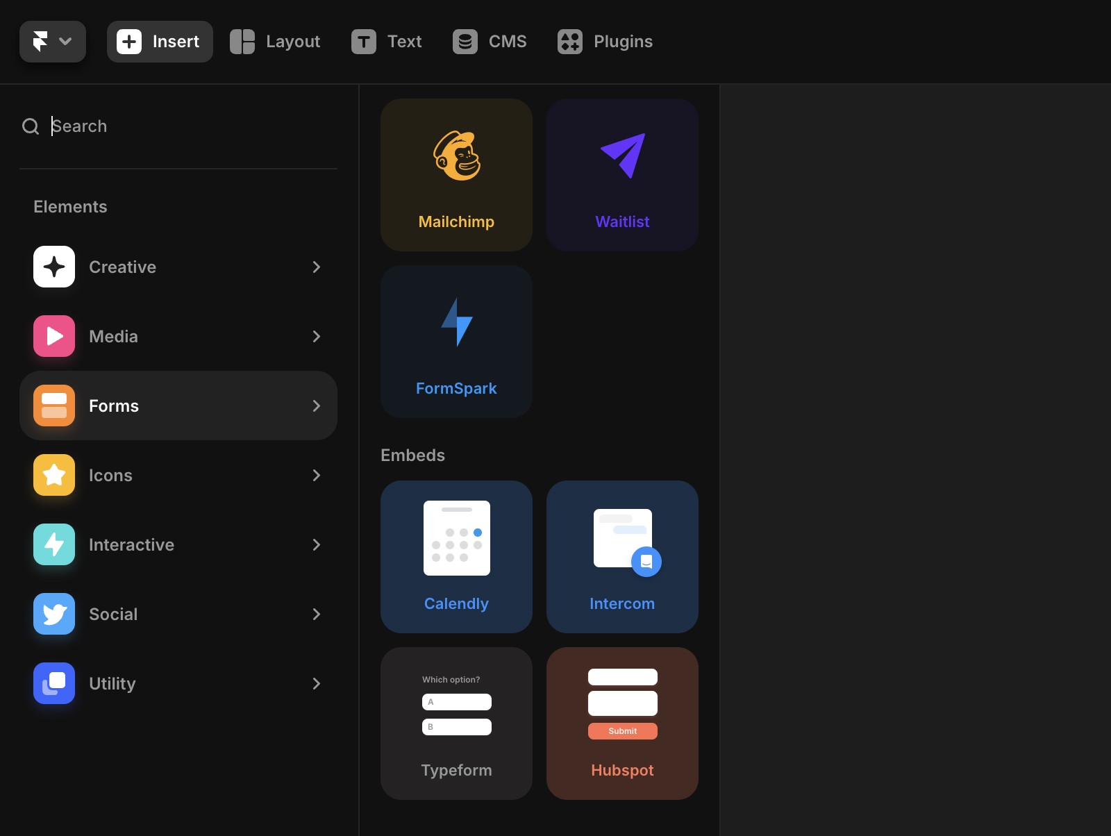 The main panel displays embed integrations such as Intercom.