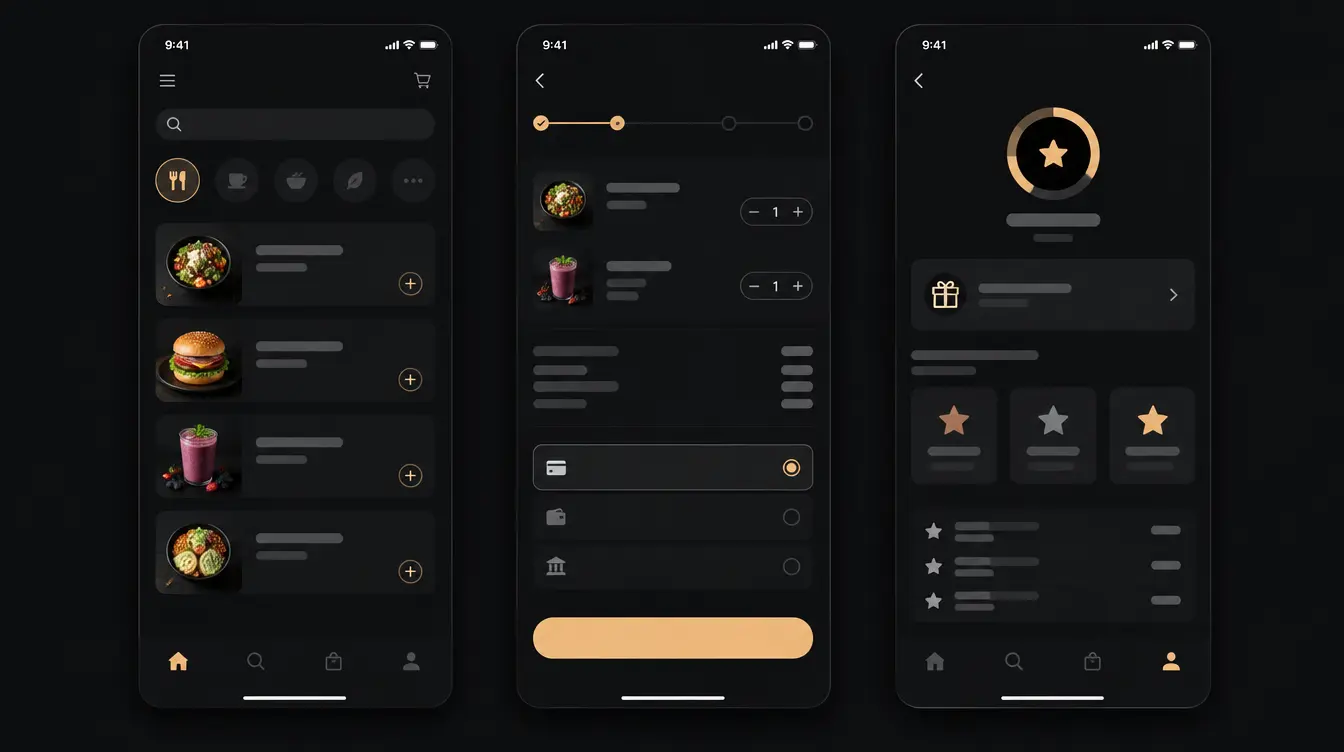 Grid of three UI screens showing the menu, order flow and loyalty page