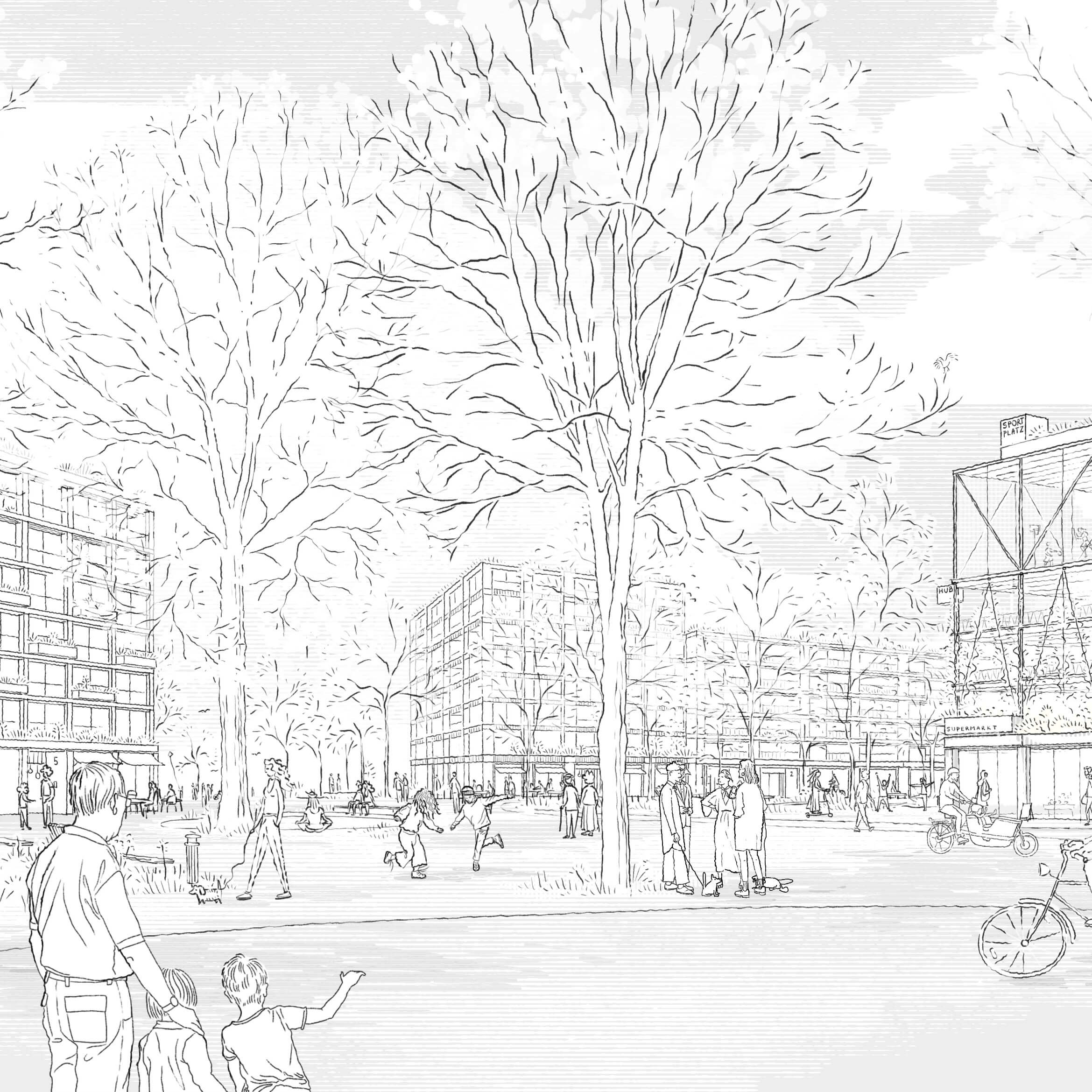 A pencil sketch of a park scene featuring trees and benches, capturing a tranquil, outdoor environment.