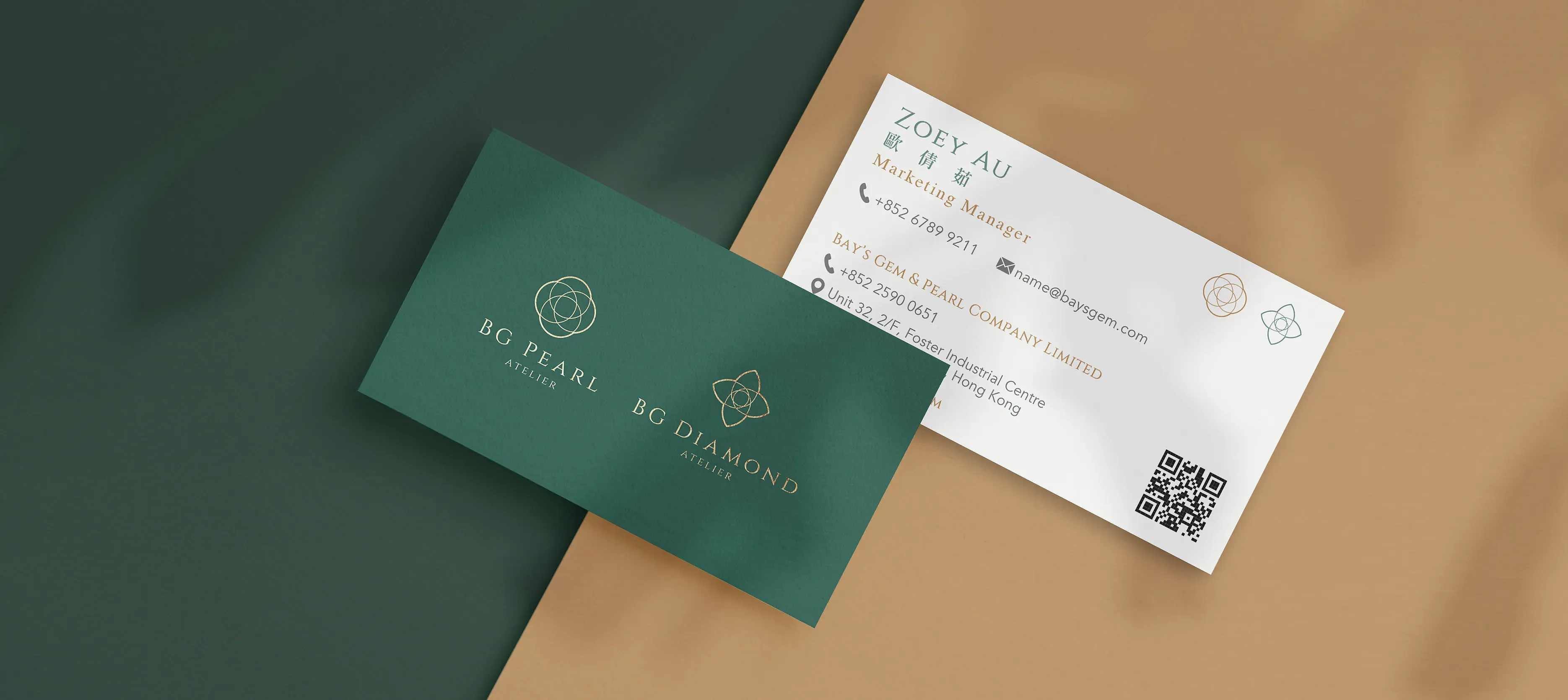 BG Jewellery stationery application – green business card with elegant gold logo and contact details by Teatime Studio.