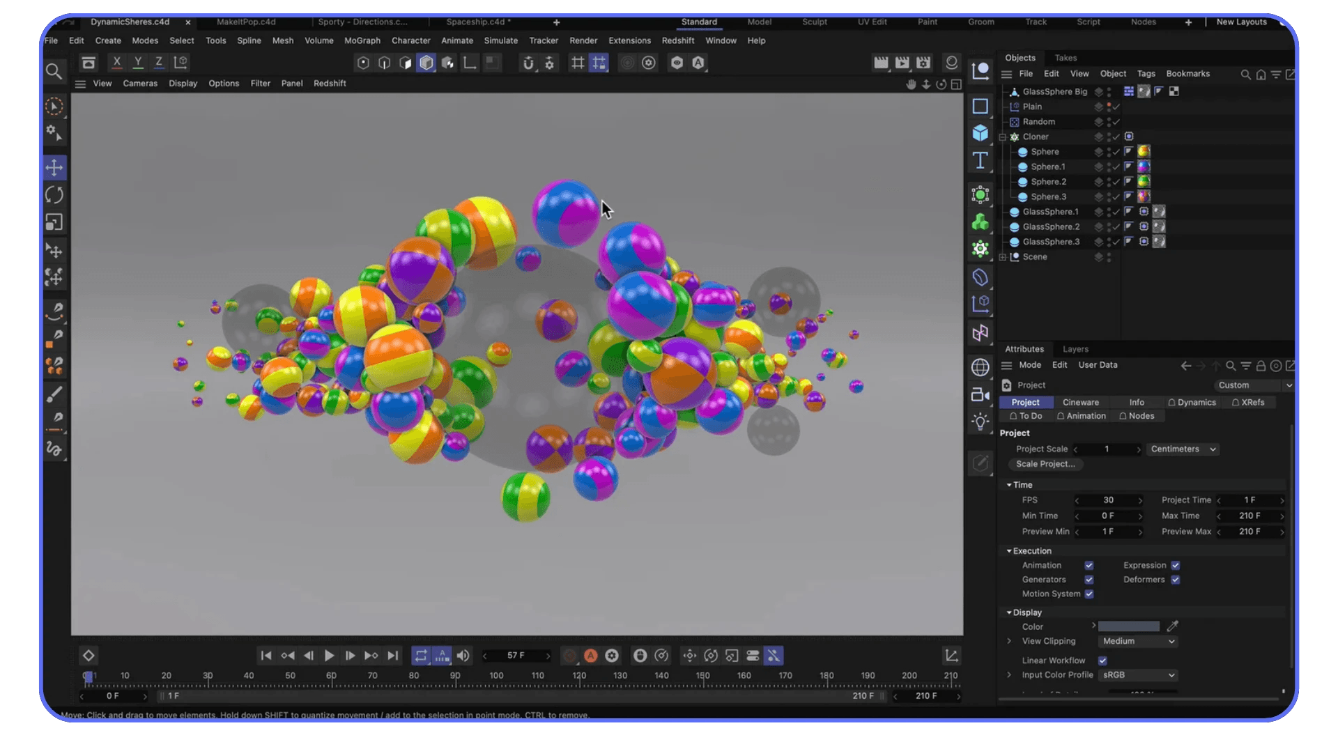 Cinema 4D viewport displaying colorful reflective spheres clustered in a 3D scene with lighting and material effects.