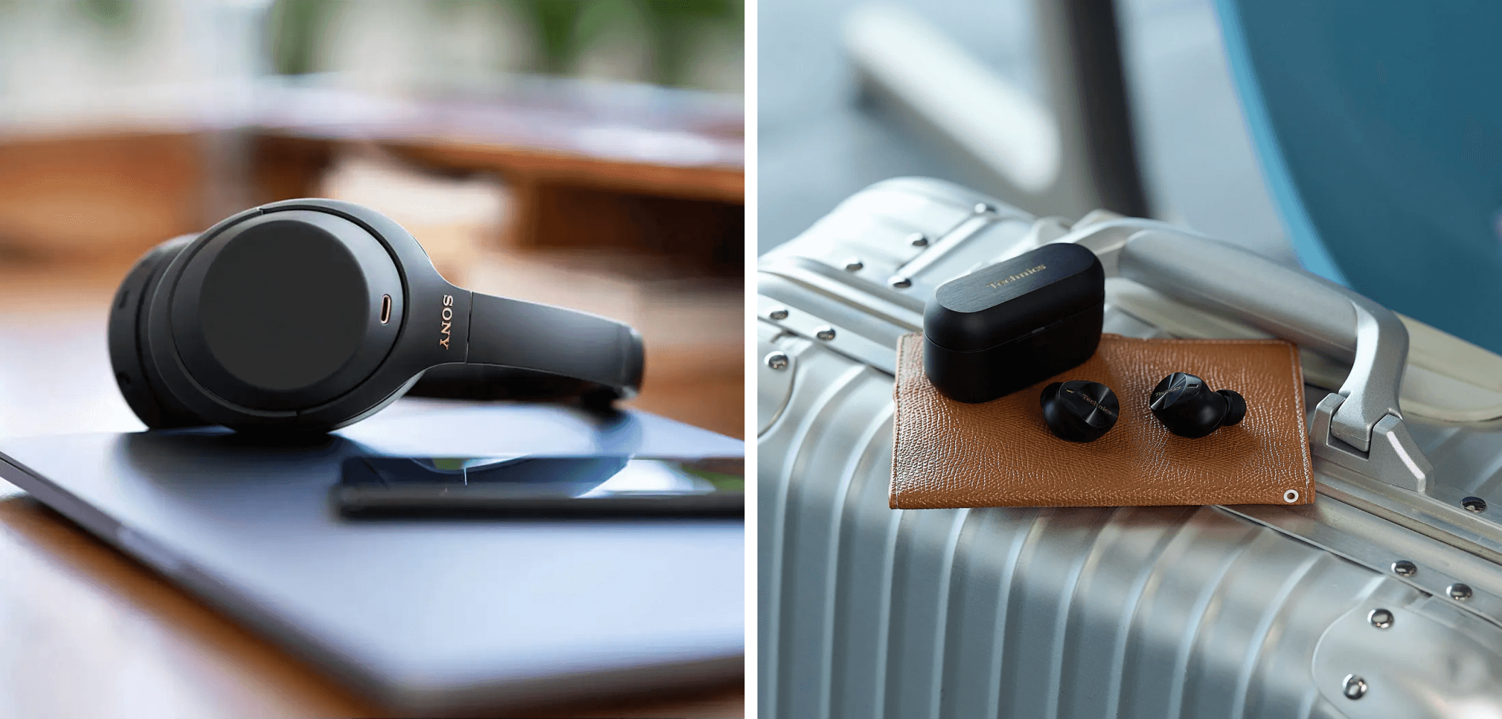 Split image showing two audio devices — on the left, black Sony over-ear headphones resting on a laptop; on the right, Technics wireless earbuds with their case placed on a suitcase.