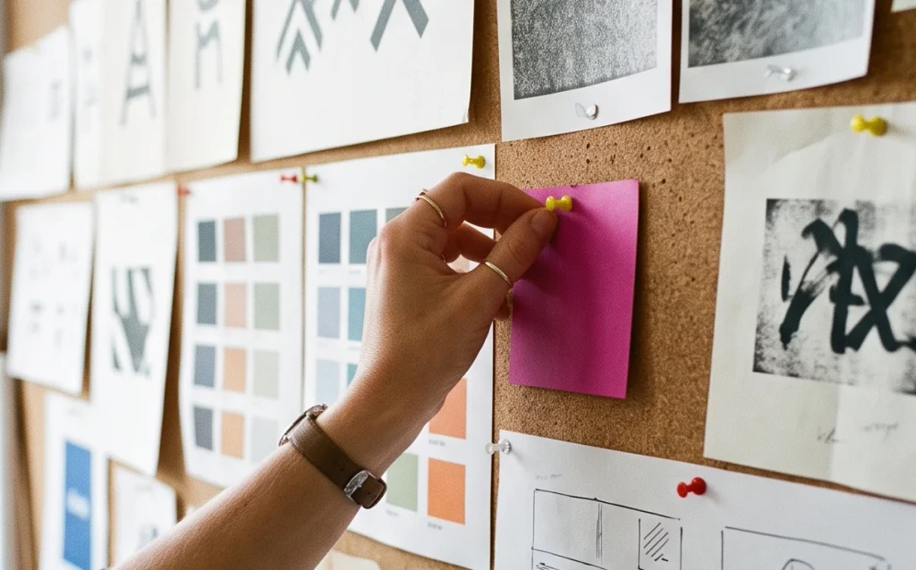 An identity wall of letterforms, logos and colour chips pinned on cork