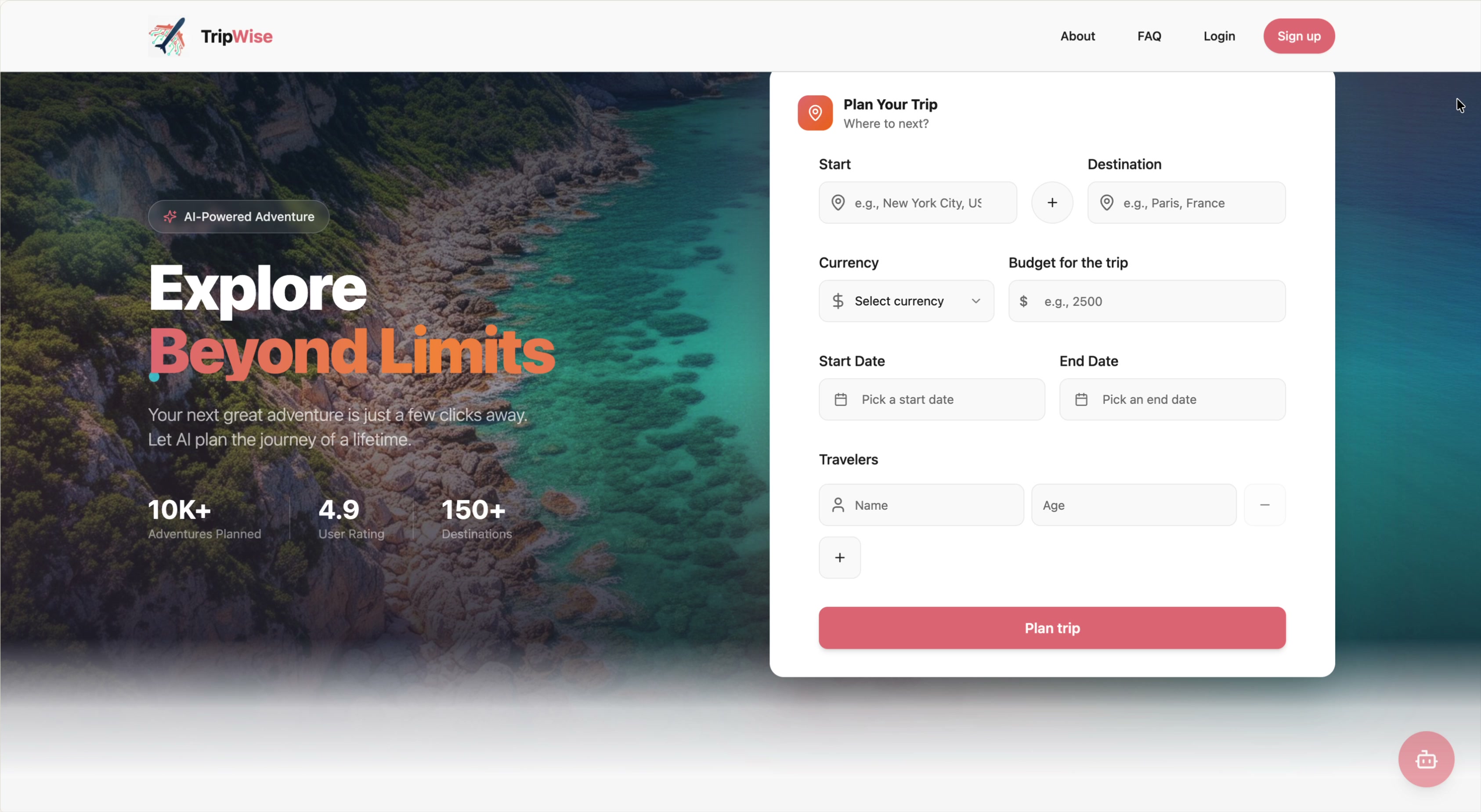 TripWise landing page with the Plan your trip form