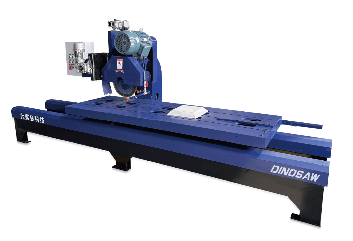 Dinosaw Manual Edge Cutting Machine with a robust blue design, featuring a precision-guided rail system for efficient slab cutting and chamfering.