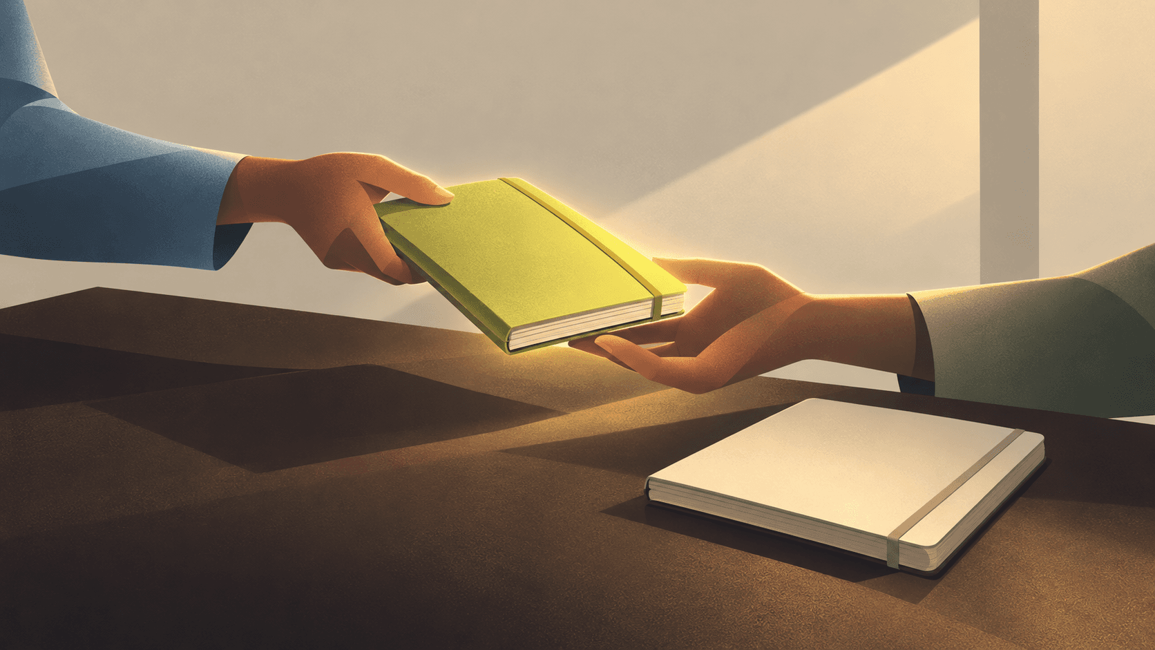 Two hands pass a glowing notebook across a desk beside a second blank notebook, symbolizing knowledge transfer that prevents a successor from starting from scratch.