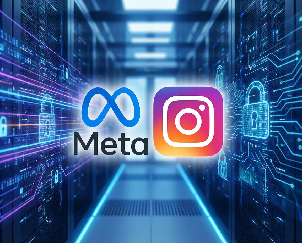 Instagram and Meta logos on a modern cybersecurity themed background