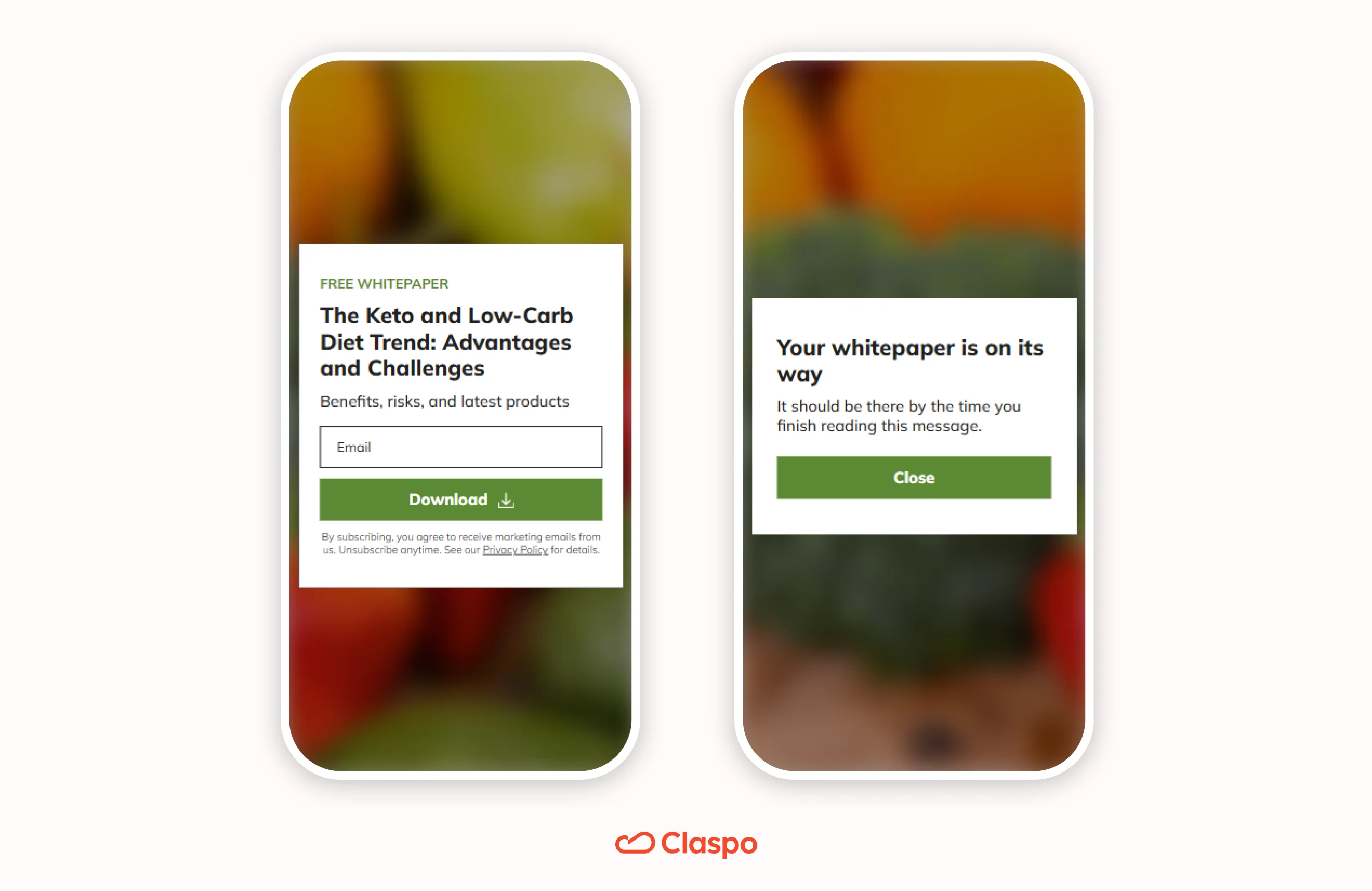 Claspo lead capture popup template offering a free whitepaper in exchange for an email address