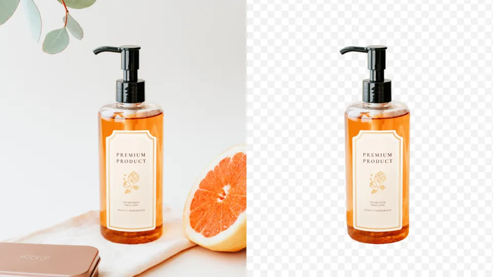 Comparison of soap containers: before and after background removal with AI