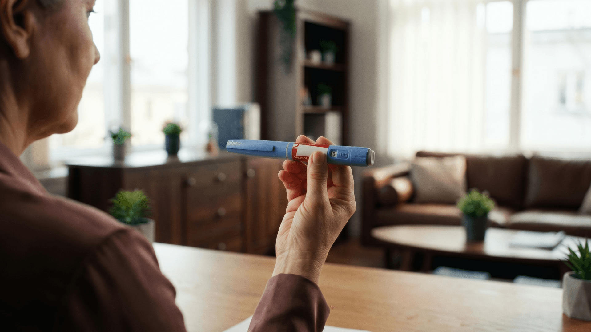 Foto vista por cima do ombro de uma pessoa sentada à mesa, segurando horizontalmente uma caneta injetável azul de medicação para emagrecimento. O foco está na mão e no medicamento, com um escritório ou sala de estar desfocada ao fundo. A imagem ilustra a discussão sobre como o aumento do uso dessas medicações impacta os custos dos planos empresariais, que podem subir até 11%, e como a Tivita ajuda clínicas a navegarem por essas mudanças na gestão.