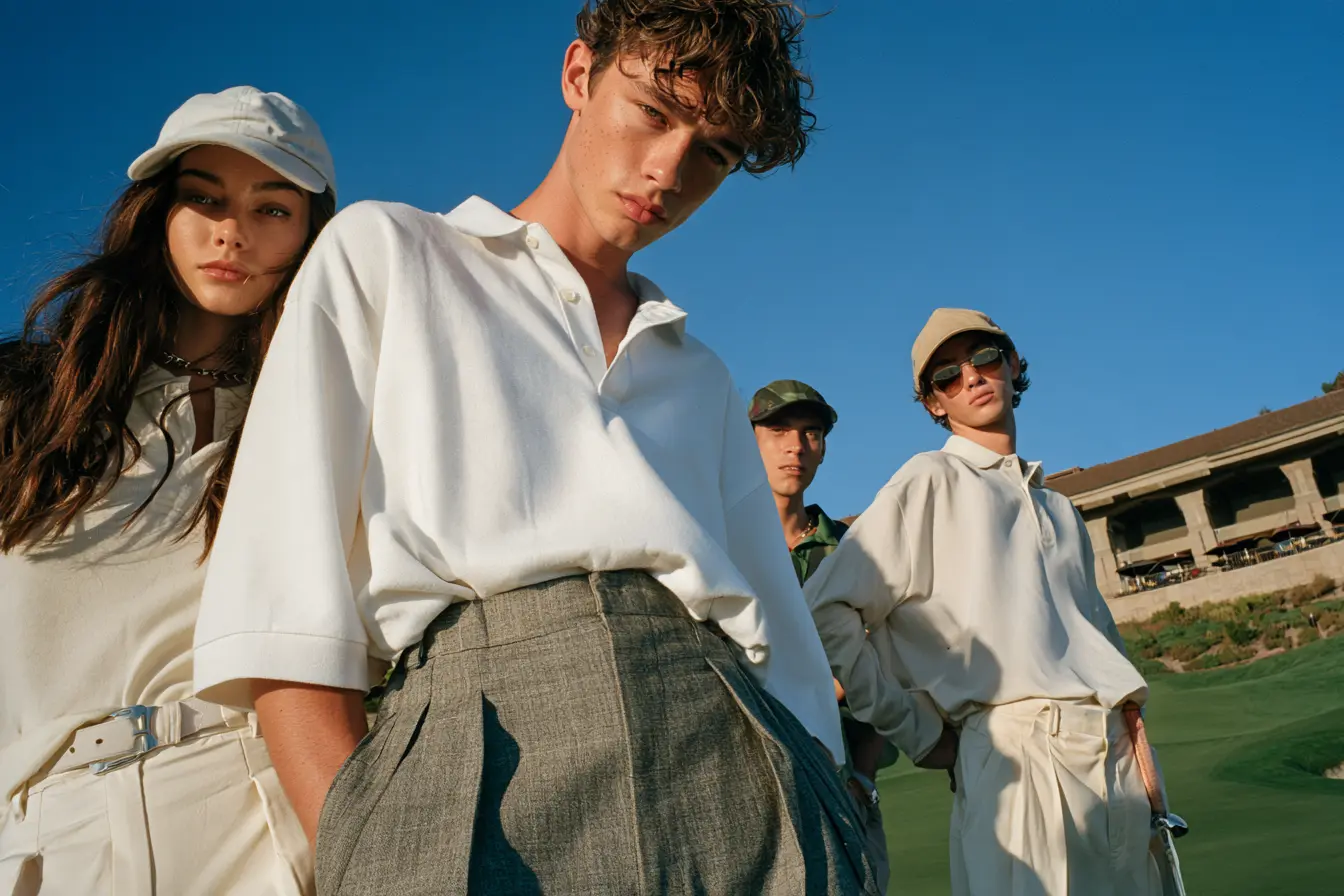 Group of young models in cream golf apparel and sunglasses on a golf course at golden hour, premium lifestyle golf fashion