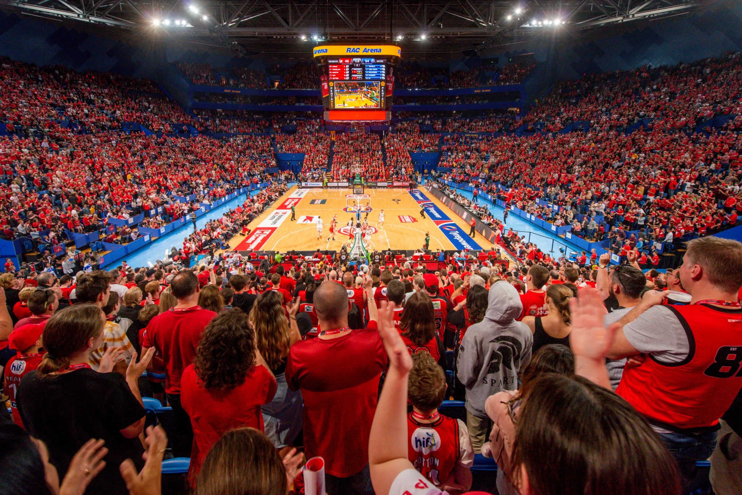 A capacity crowd of Perth Wildcats supporters surrounding the court at RAC Arena