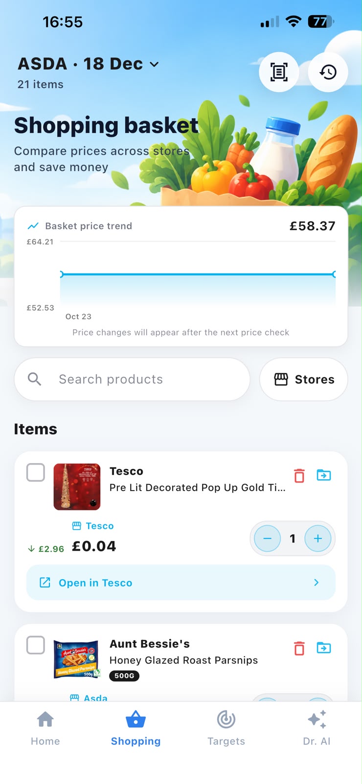 Dr. Frugal shopping basket and price comparison screen