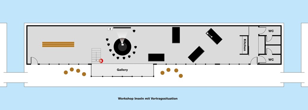 Grundriss vom Ponton mit einegezichneter Austattung.