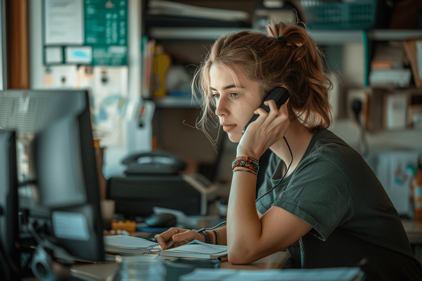 a woman on the phone, taking manual notes at a home care business.