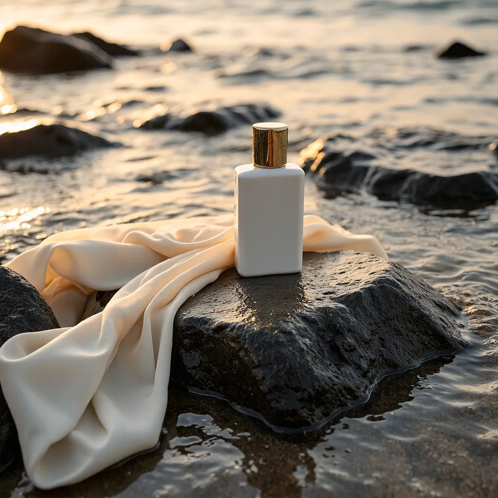 White perfume bottle with gold cap on dark rock by shoreline, draped with cream silk fabric, gentle waves catching golden light