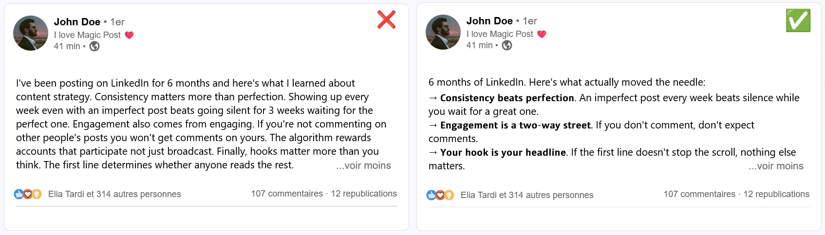 Side‑by‑side comparison of LinkedIn text formatting strategies showing a dense block of text marked with a red X versus a concise, bullet‑point post marked with a green check, illustrating how structured LinkedIn text formatting improves clarity and engagement.