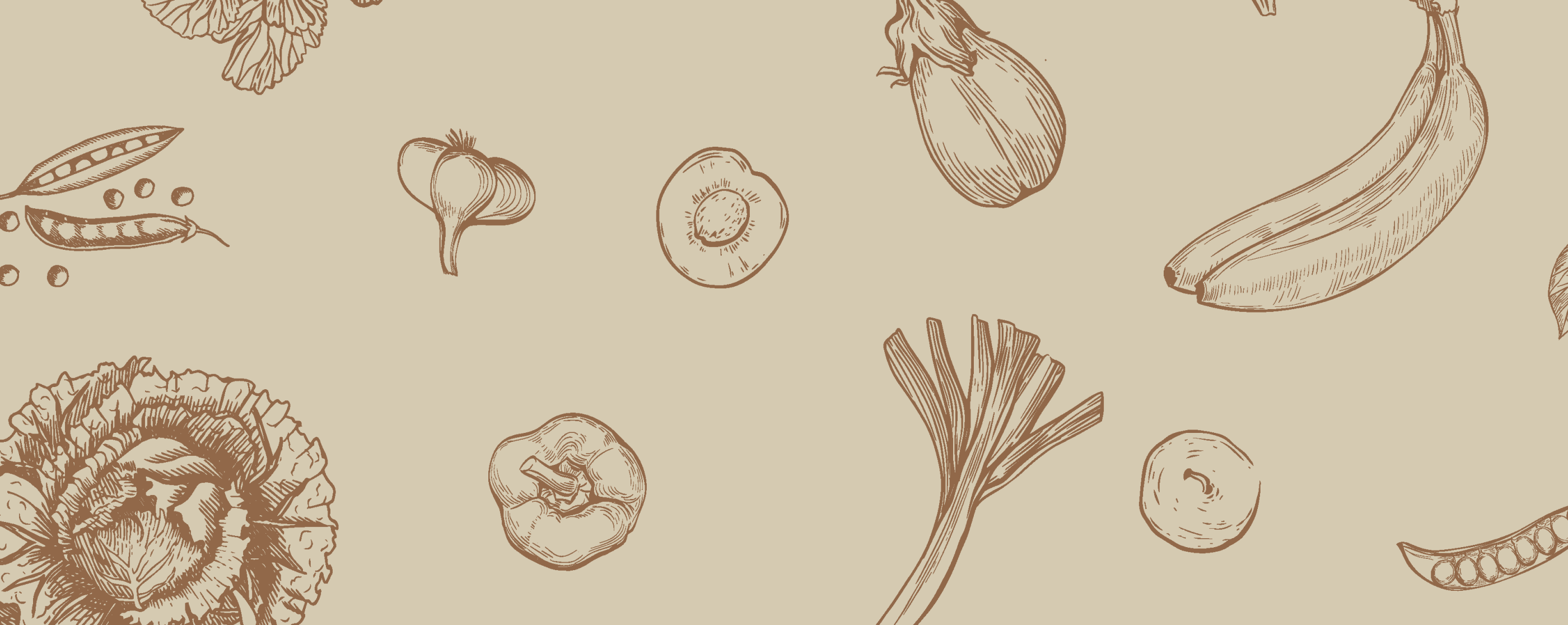 Motif répété d'illustrations botanical / gravures de légumes anciens et fruits de saison sur fond beige texturé.